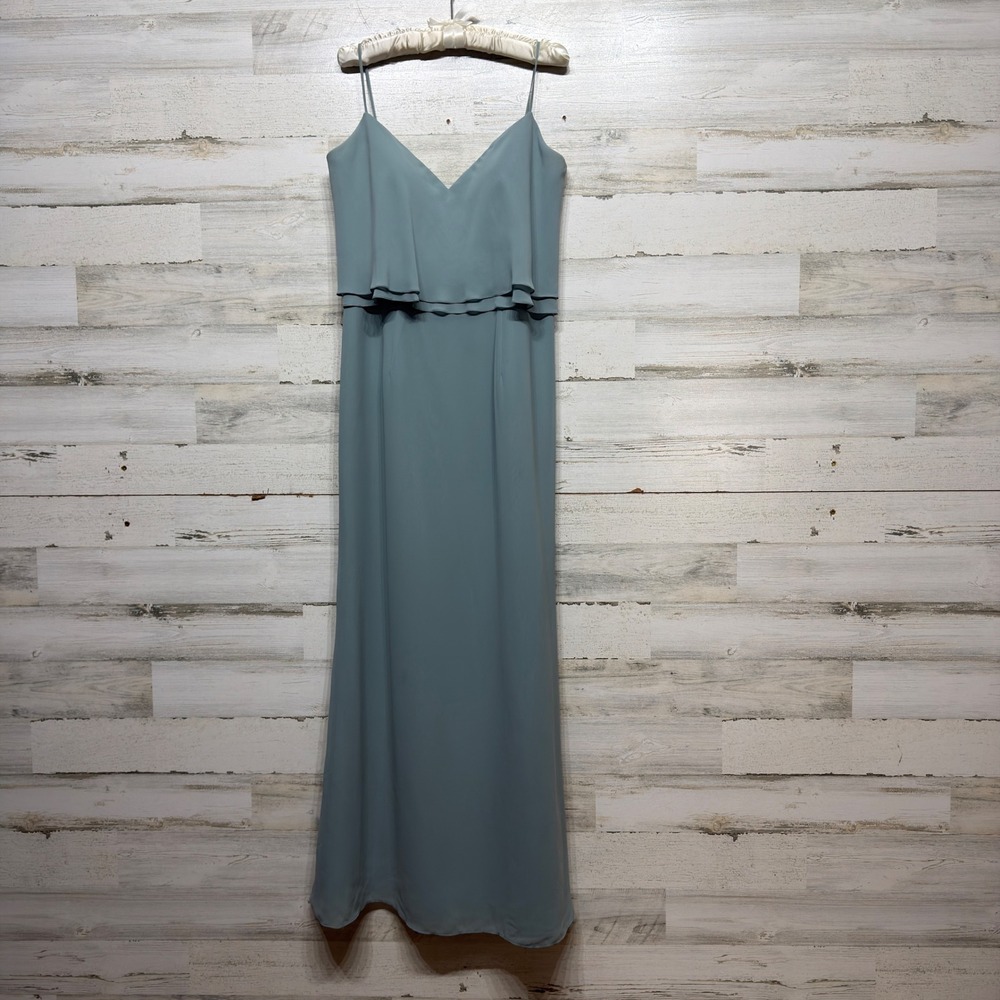 Jasmine Belsoie Maxi Dress Women 16 Blue Ruffle Chiffon Formal Bridesmaid EUC